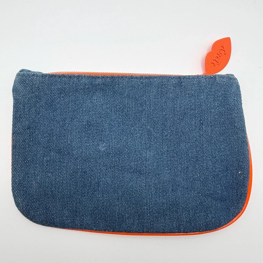 Ipsy Denim Makeup Bag Cosmetic Pouch Orange Lining‎ Zipper Glam Bag